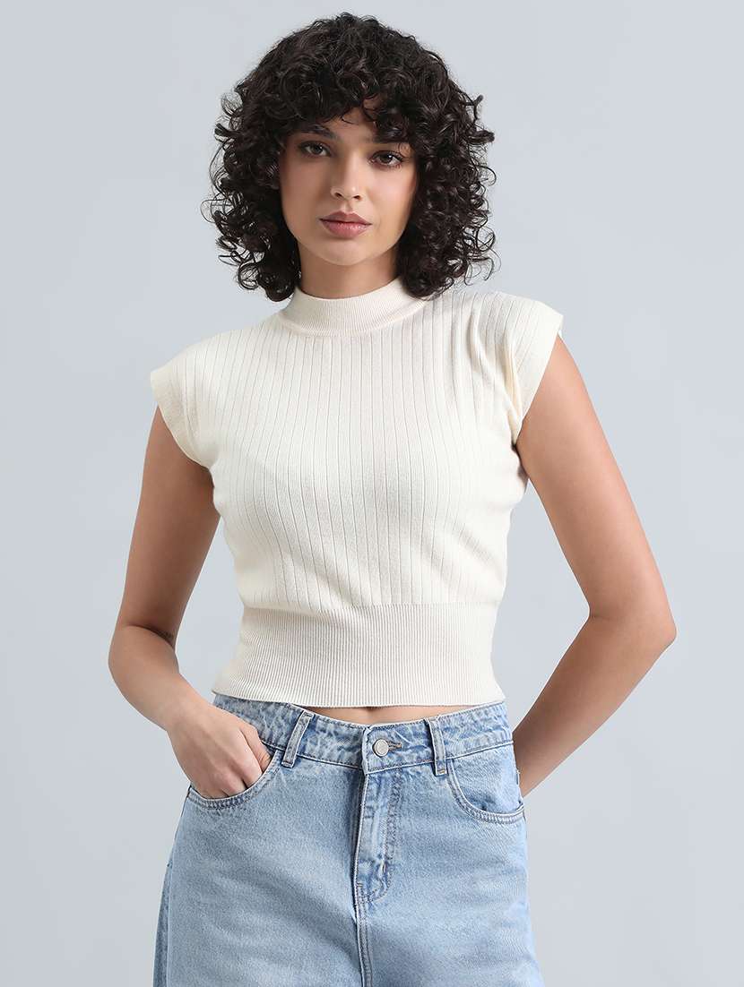 women cream solid cap sleeve crop top - 22086321 - Zoom Image - 0