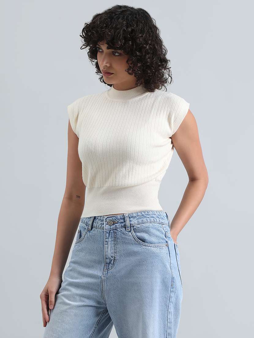 women cream solid cap sleeve crop top - 22086321 - Standard Image - 2