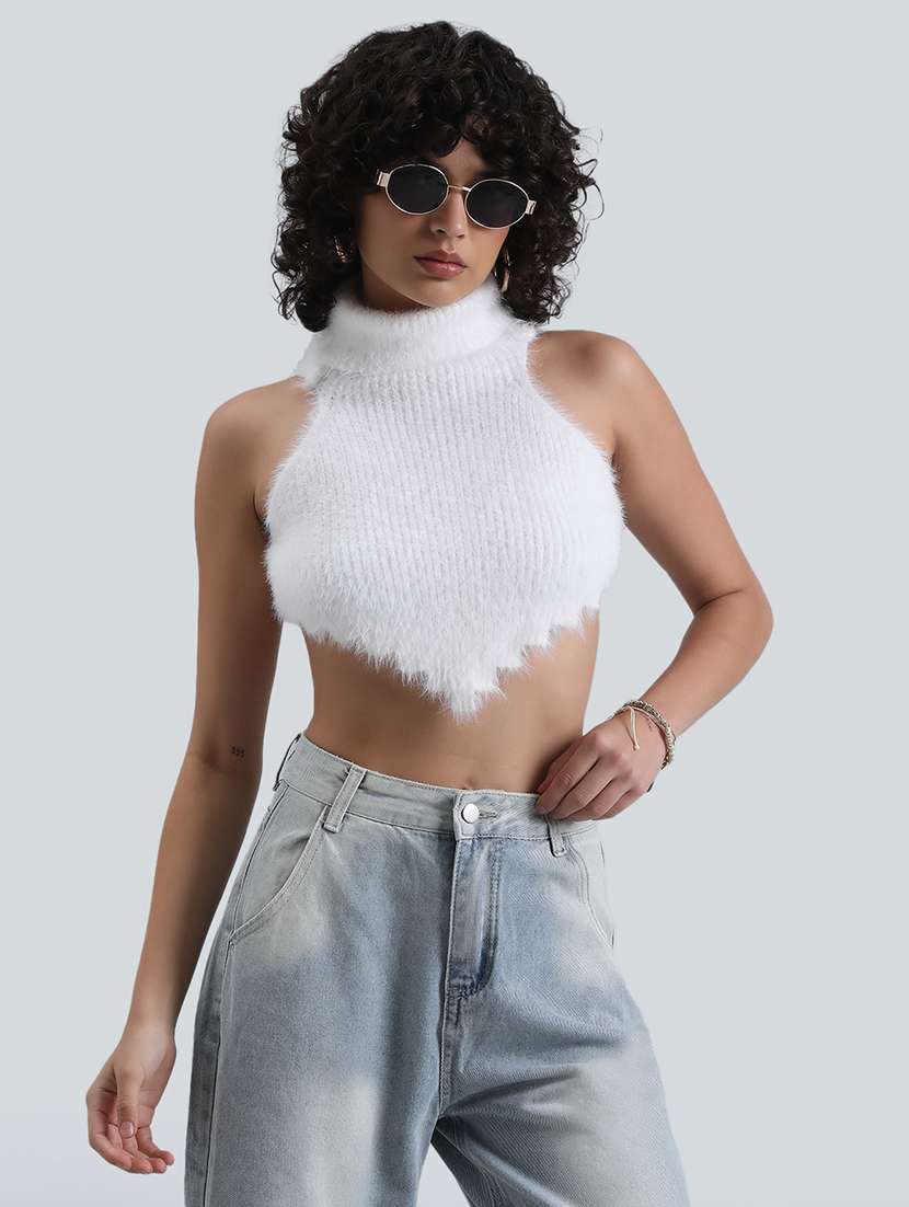 women white solid turtle neck backless crop top - 22086322 -  Zoom Image - 0