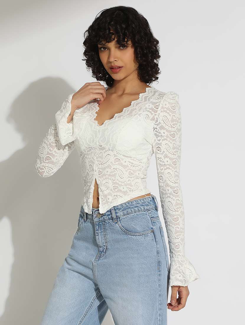 women white solid bell sleeve lace top - 22086324 - Standard Image - 2