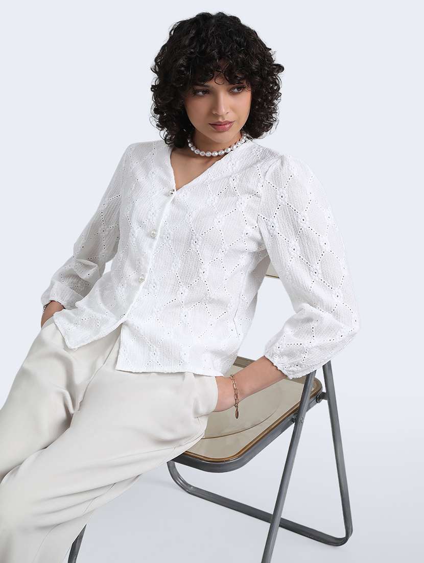 women white schiffli puff sleeve regular top