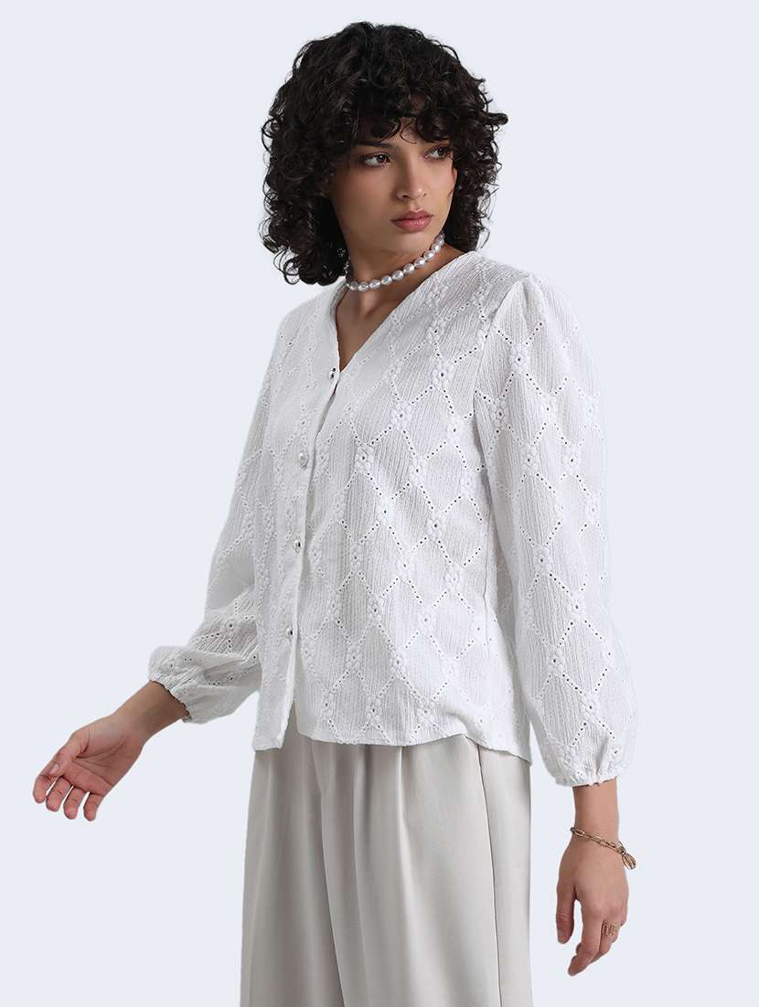 women white schiffli puff sleeve regular top - 22086328 -  Standard Image - 2
