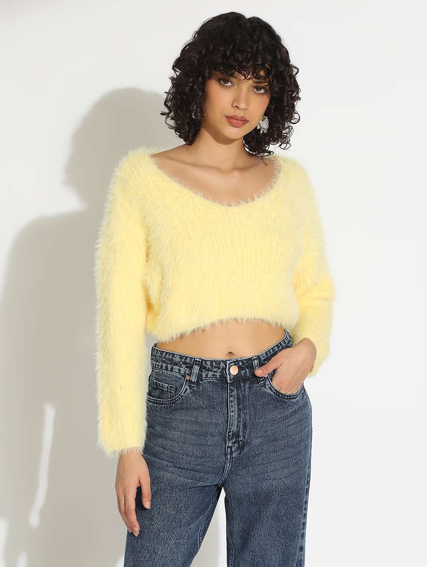 women solid long sleeve crop pullover - 22086332 - Standard Image - 2