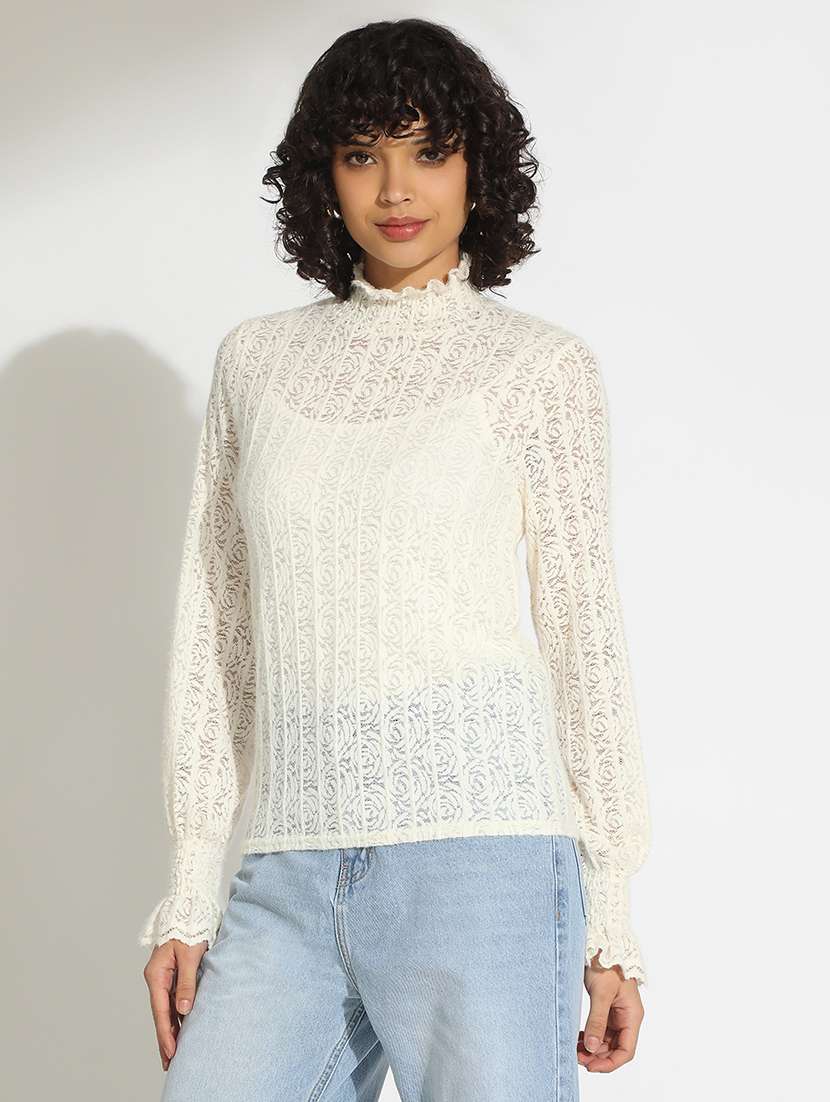 women off white solid long sleeve lace top - 22086333 -  Standard Image - 2