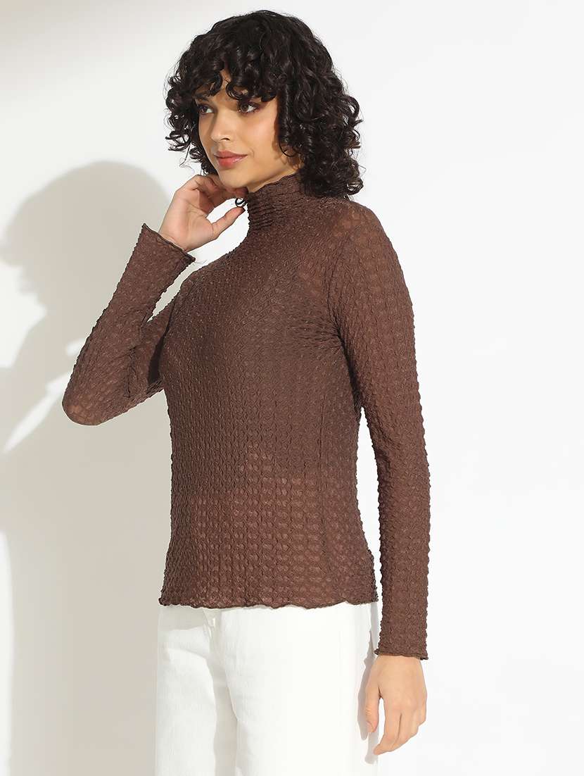 women brown solid long sleeve mock neck top - 22086334 -  Standard Image - 2