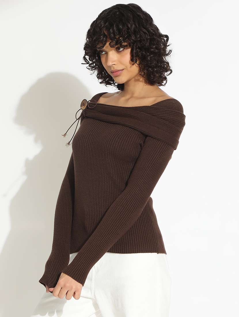 women brown solid off shoulder long sleeve top - 22086336 -  Standard Image - 2