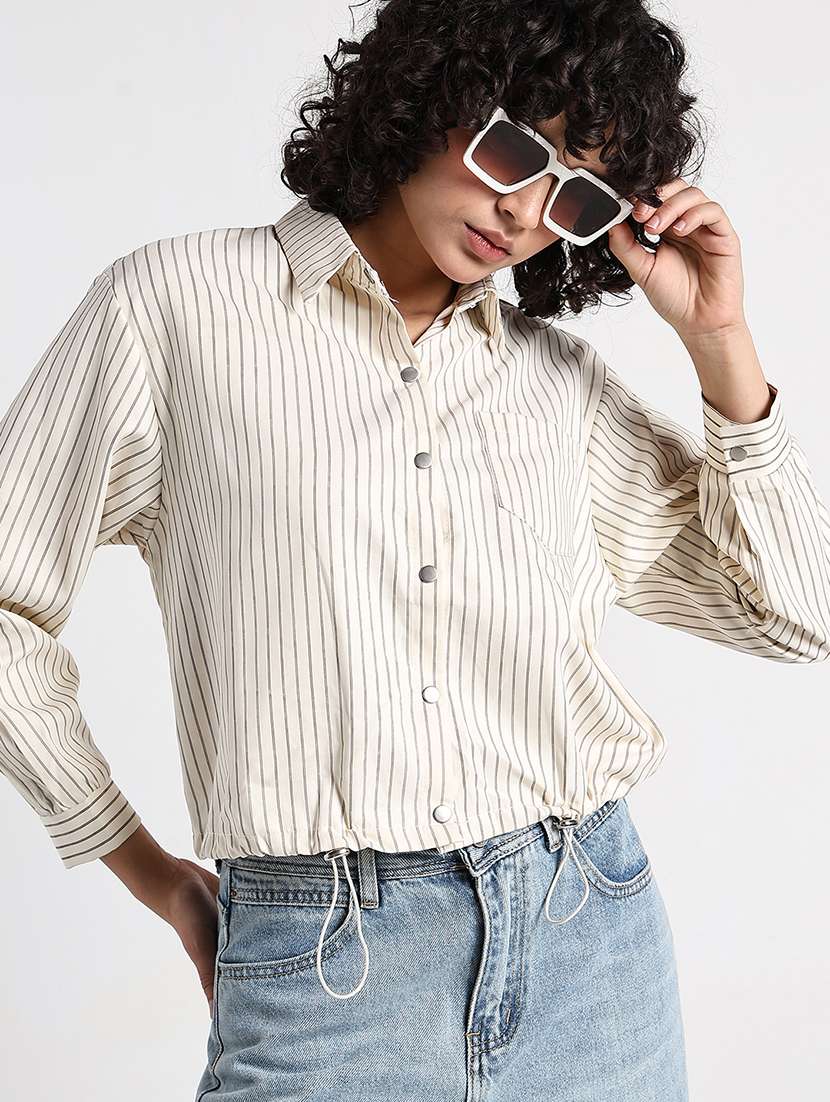 women striped collared long sleeve shirt top