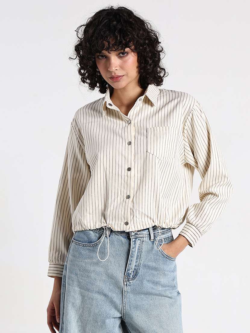 women striped collared long sleeve shirt top - 22086341 -  Standard Image - 2