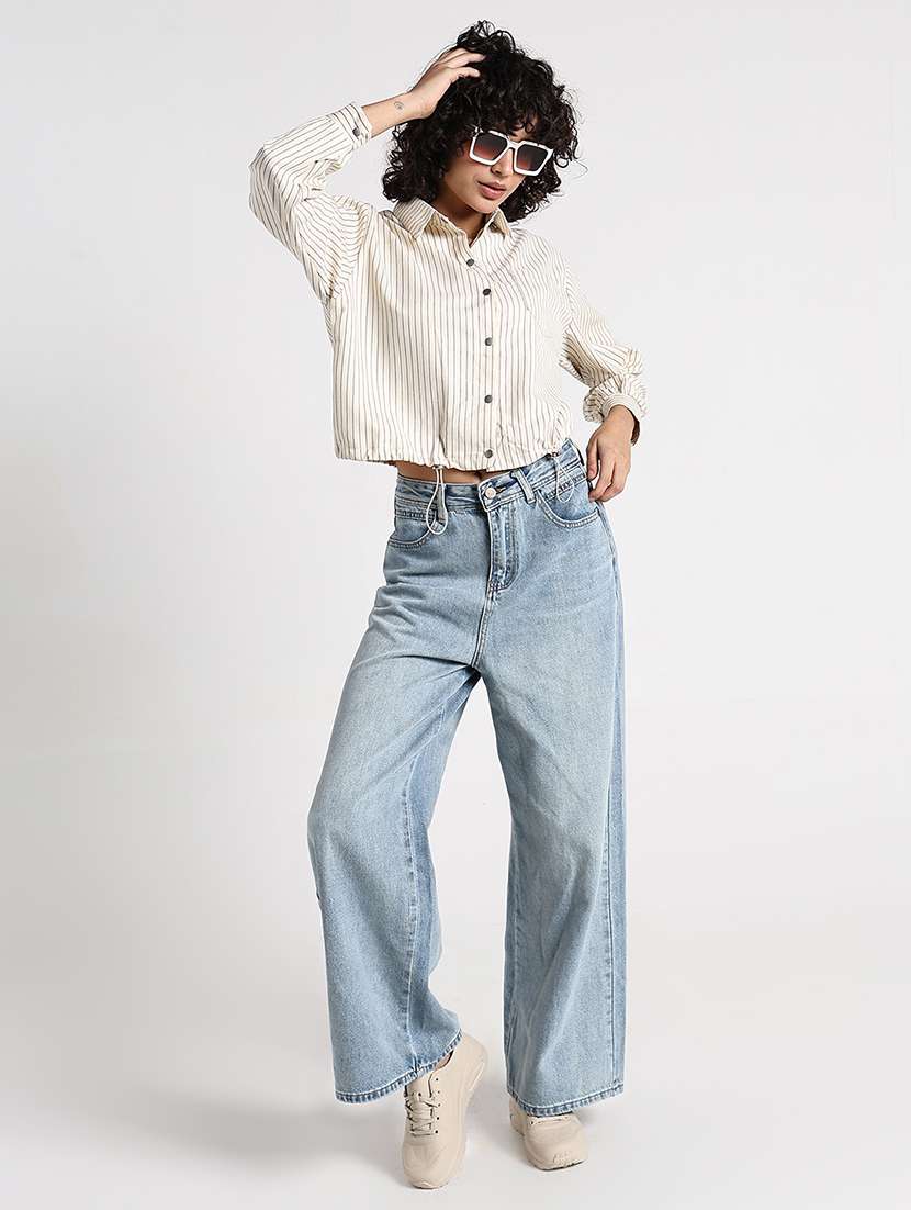 women striped collared long sleeve shirt top - 22086341 -  Standard Image - 7