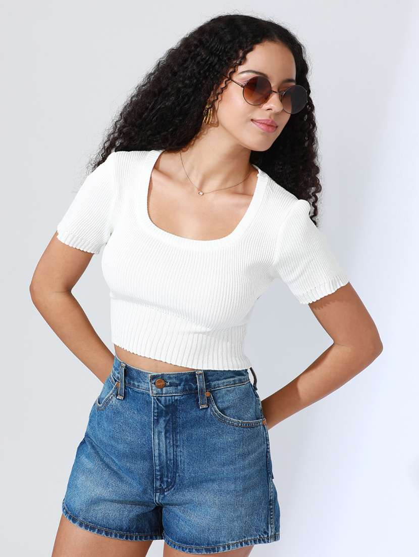 women white solid short sleeve crop top - 22086346 -  Zoom Image - 0