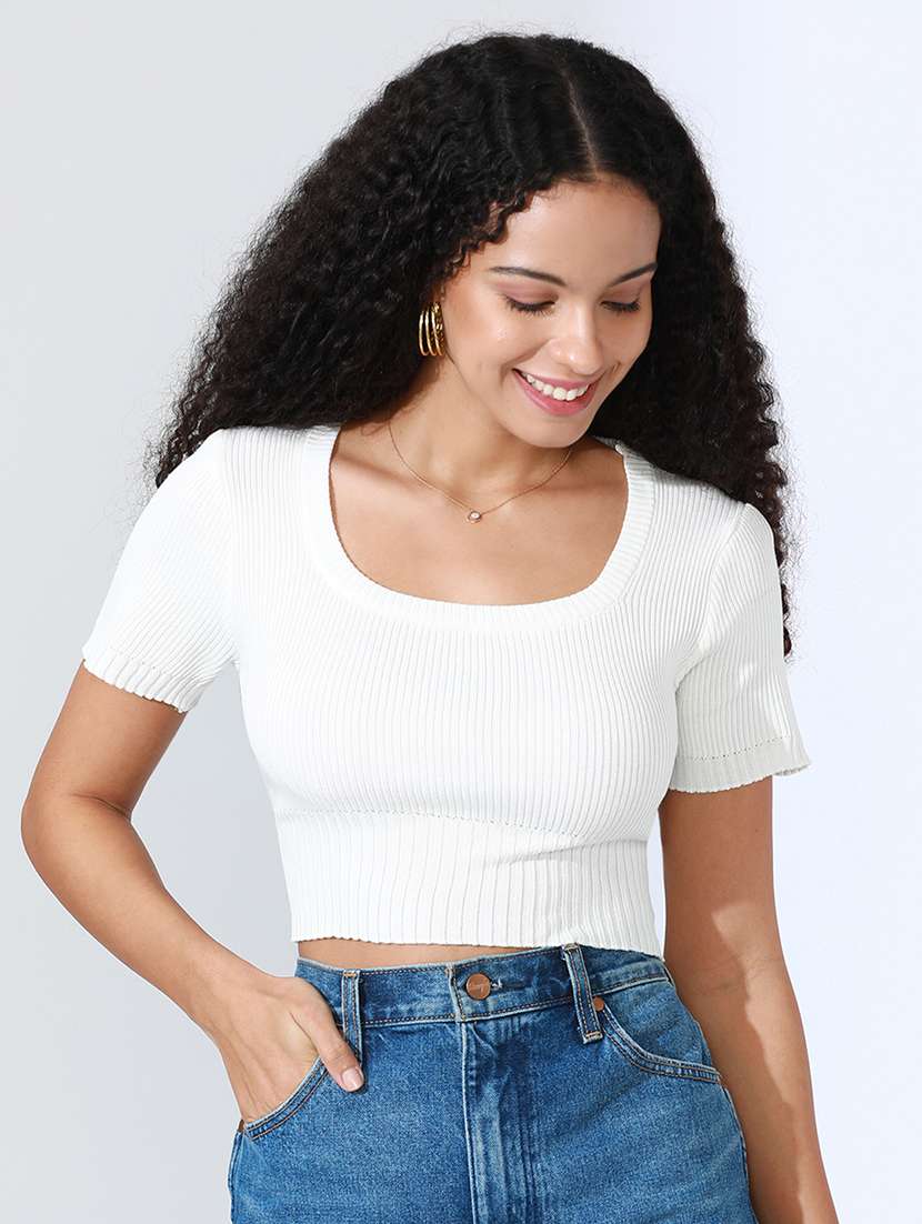 women white solid short sleeve crop top - 22086346 - Standard Image - 2