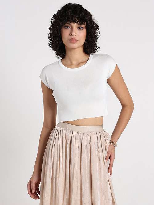 women white solid short sleeve crop top - 22086352 - Standard Image - 0