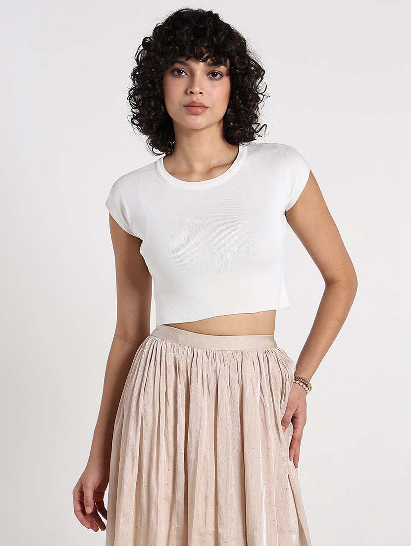 women white solid short sleeve crop top - 22086352 - Zoom Image - 0