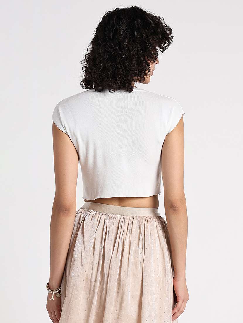 women white solid short sleeve crop top - 22086352 - Standard Image - 2