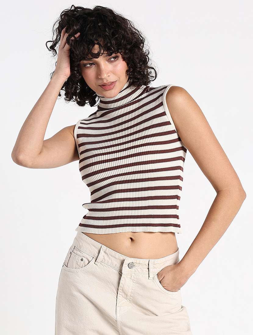 women striped turtle neck sleeveelss crop top - 22086353 -  Standard Image - 2
