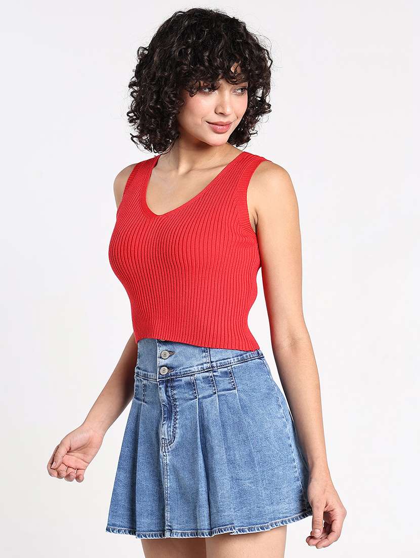 women red solid sleeveless crop top - 22086354 -  Standard Image - 2