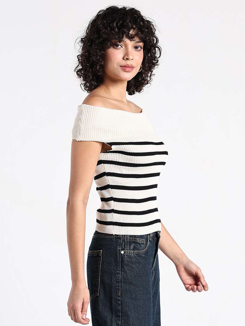 women striped off shoulder regular top  - 22086357 -  Standard Image - 2