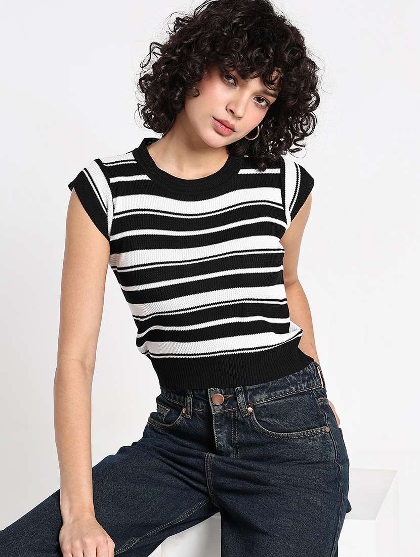 women striped cap sleeve crop top - 22086360 -  Zoom Image - 0
