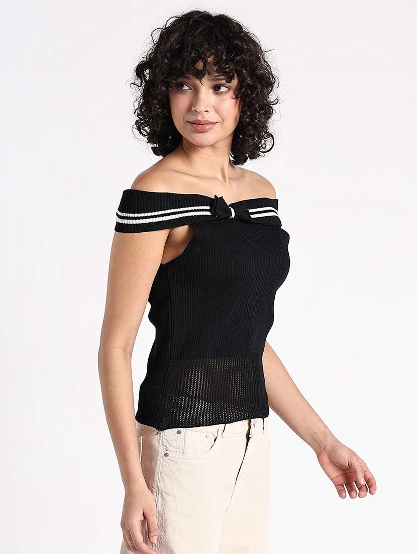 women black solid off shoulder regular top - 22086362 -  Standard Image - 2
