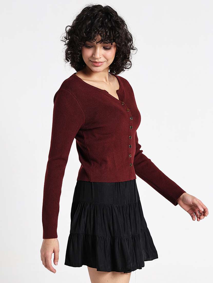 women maroon solid long sleeve regular top - 22086365 -  Standard Image - 2