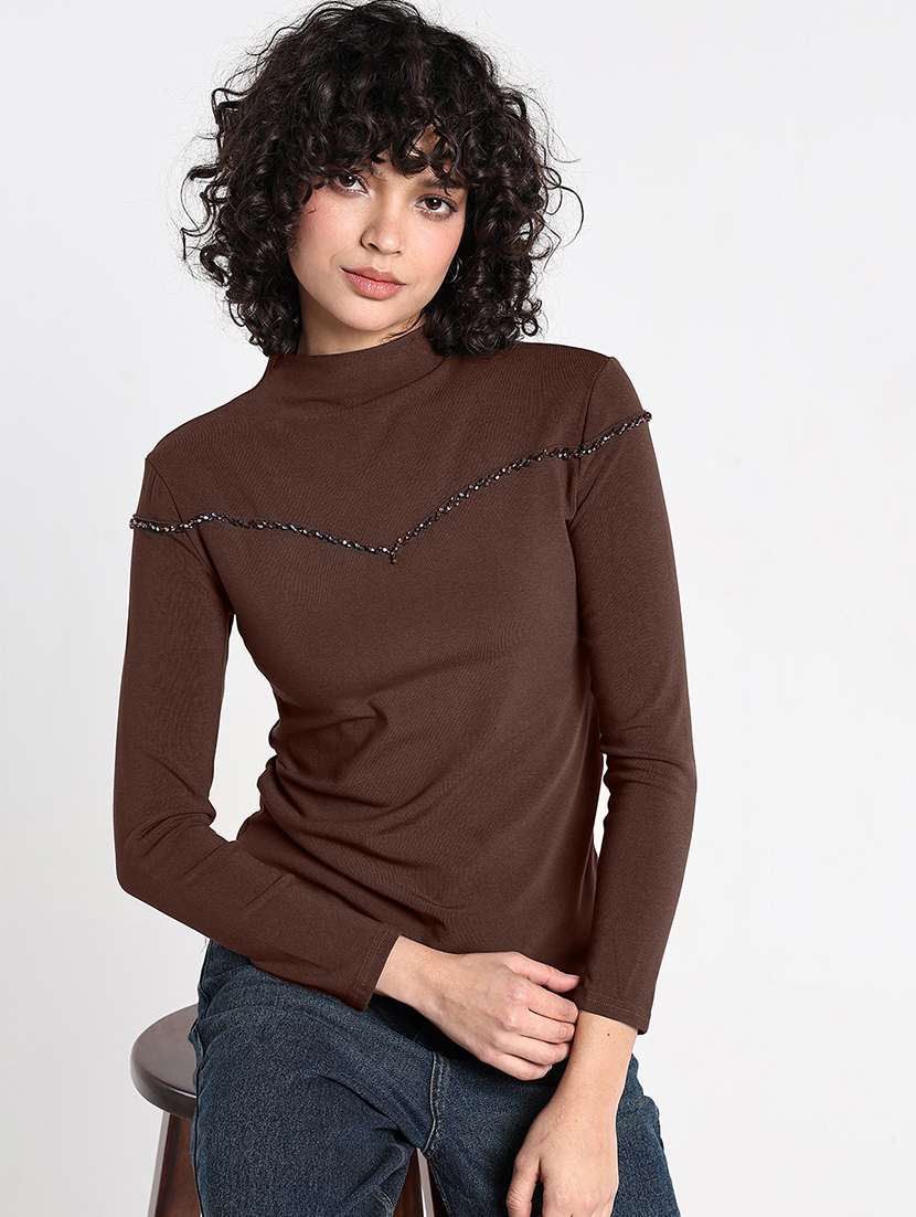 women brown solid long sleeev regular top - 22086367 -  Standard Image - 2