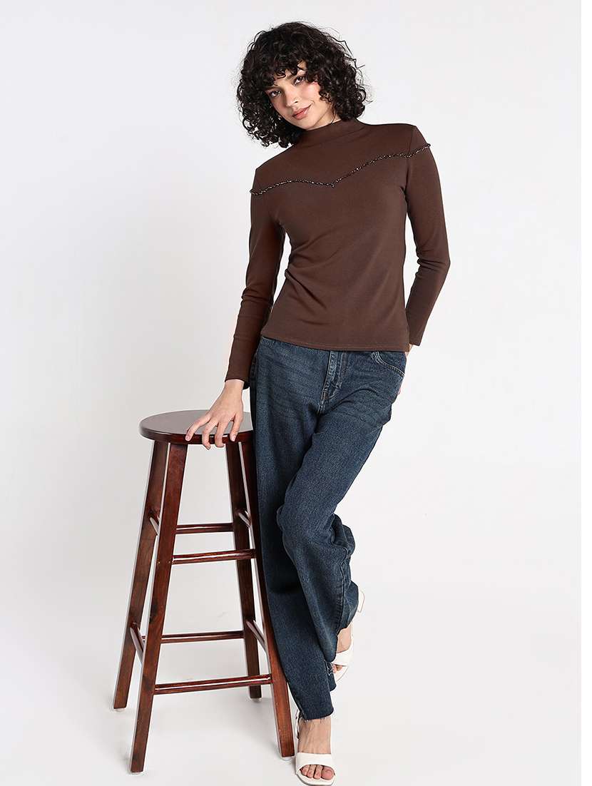 women brown solid long sleeev regular top - 22086367 -  Standard Image - 7