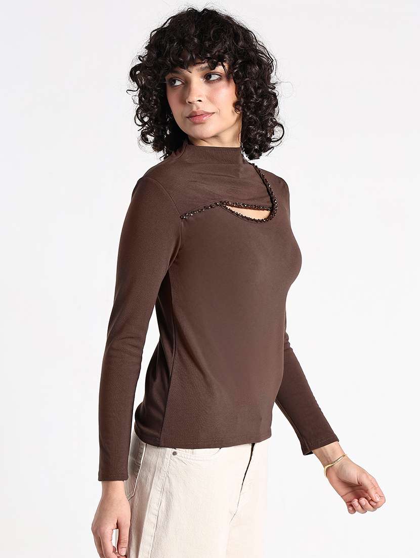 women brown solid mock neck long sleeve top - 22086368 -  Standard Image - 2