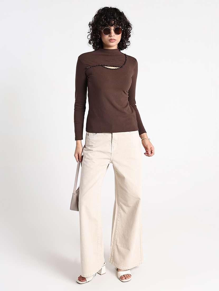 women brown solid mock neck long sleeve top - 22086368 -  Standard Image - 7