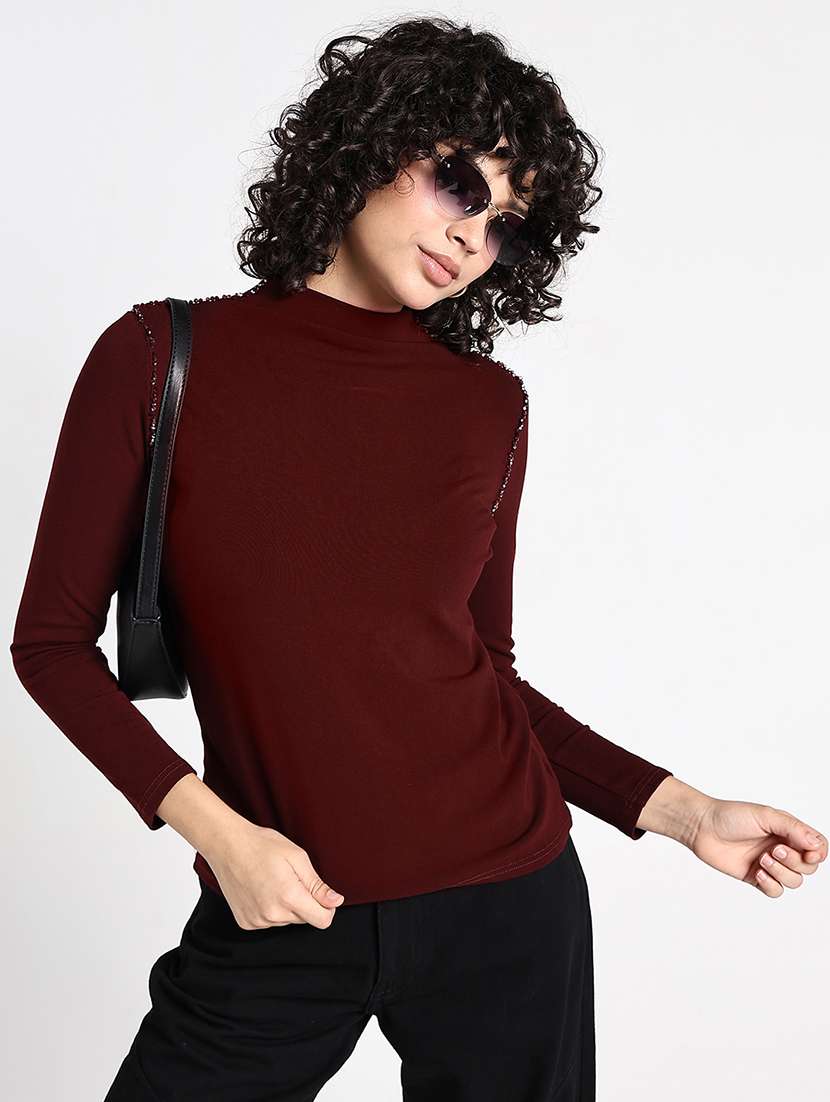 women maroon solid mock neck long sleeve top
