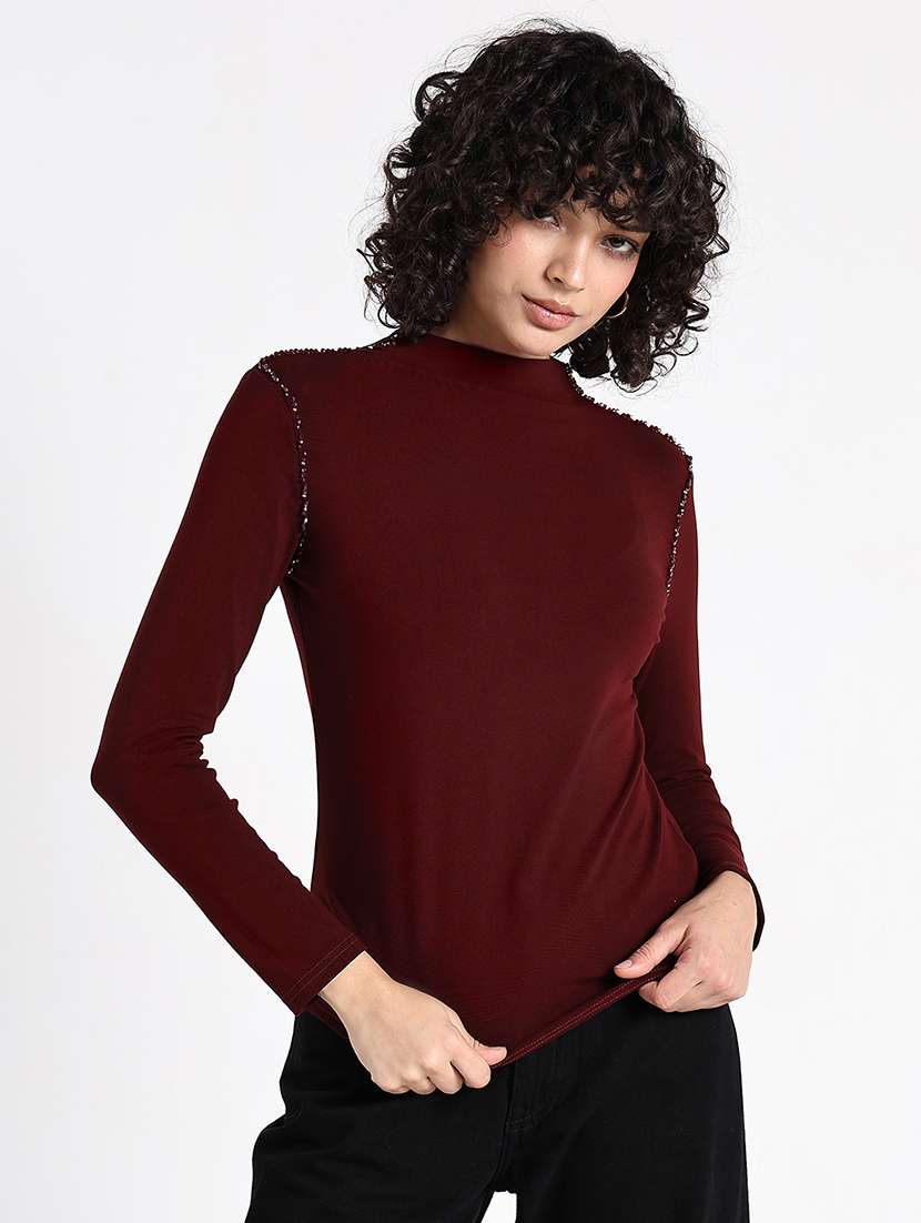 women maroon solid mock neck long sleeve top - 22086369 -  Standard Image - 2