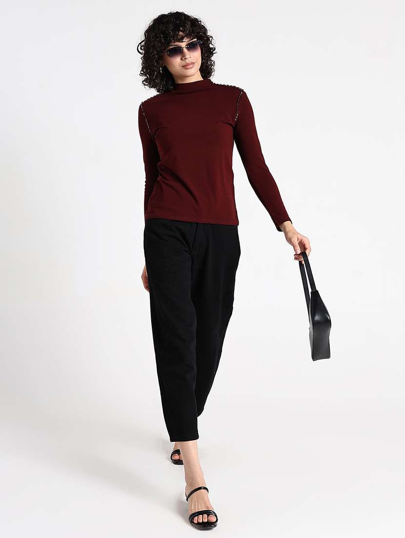 women maroon solid mock neck long sleeve top - 22086369 -  Standard Image - 7