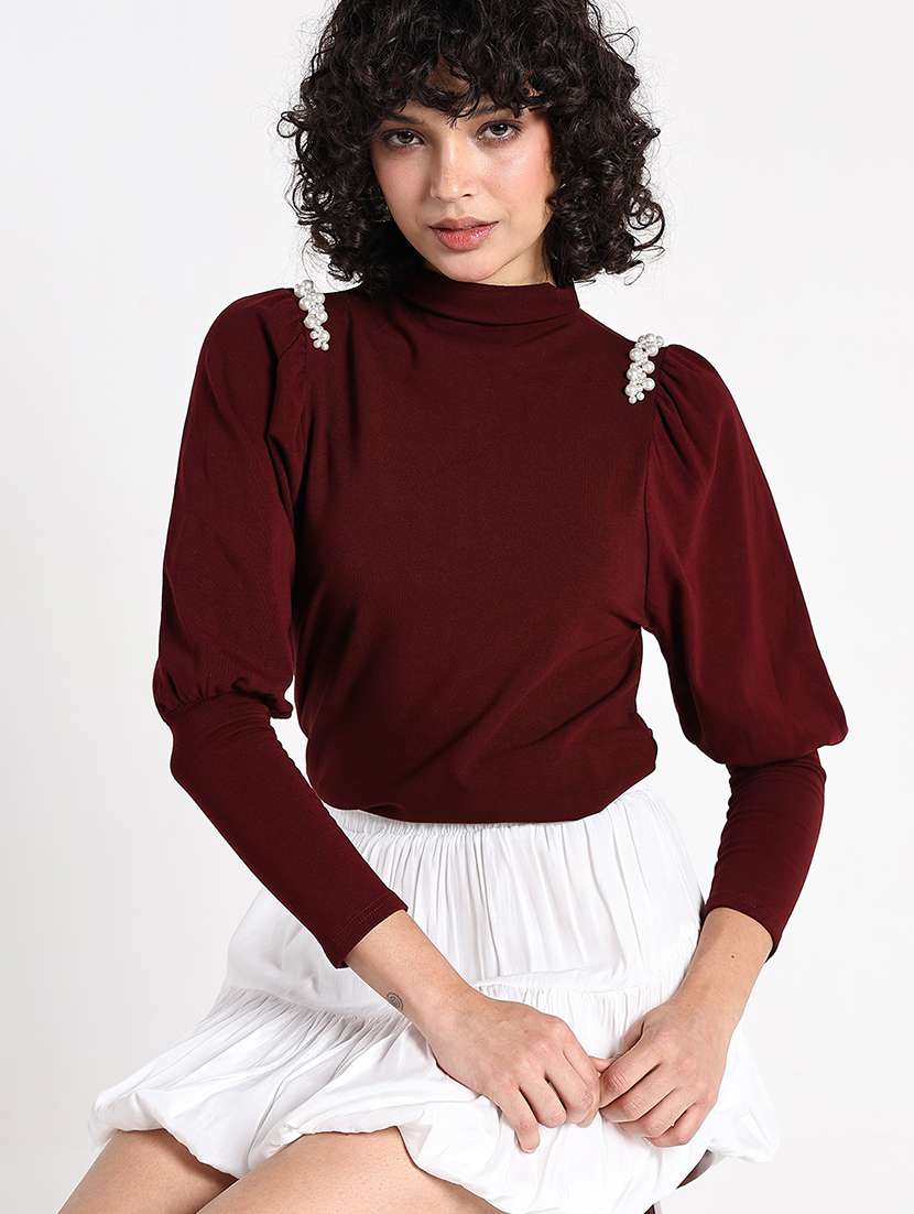 women maroon solid long sleeve crop top
