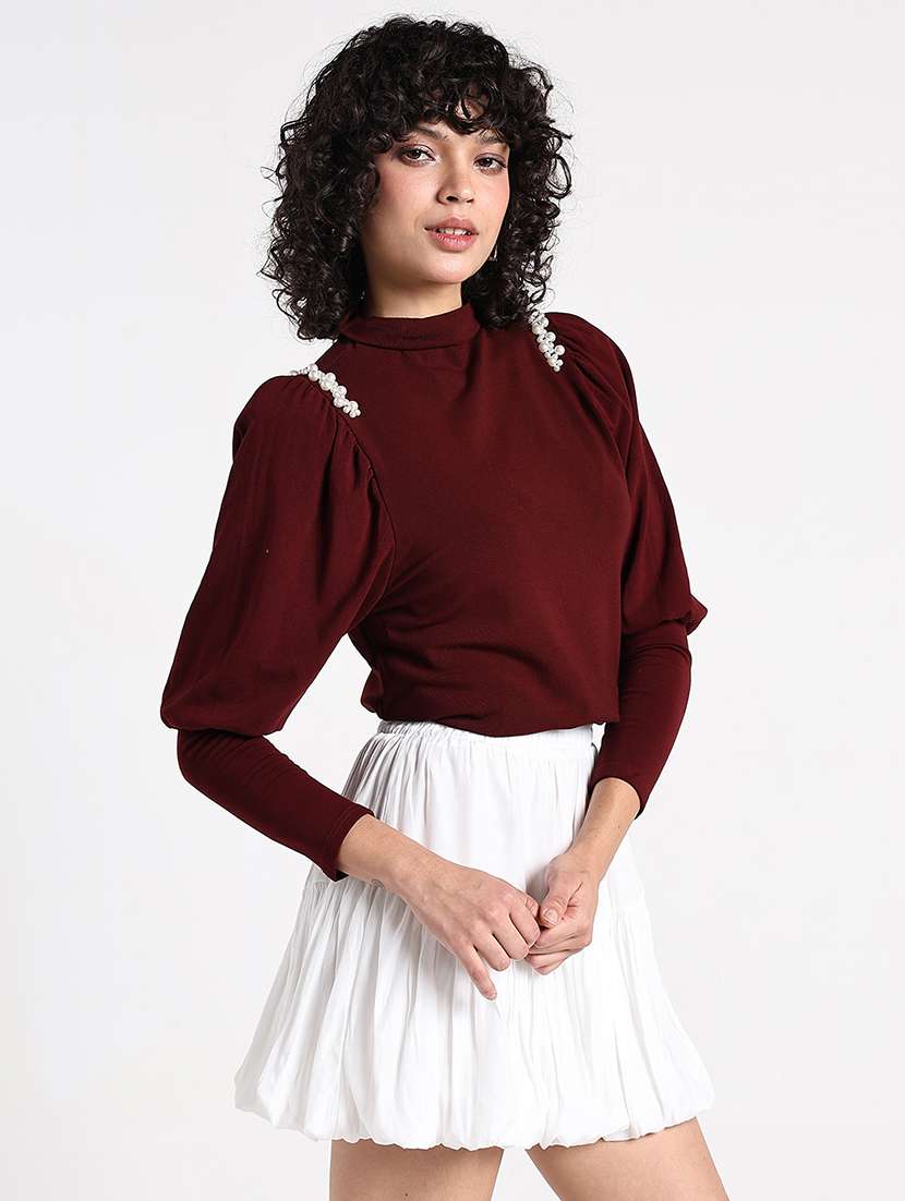 women maroon solid long sleeve crop top - 22086370 -  Standard Image - 2