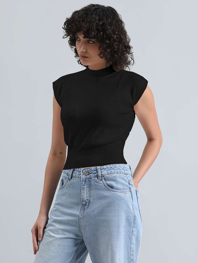 women black solid vap sleeve crop top - 22086371 - Standard Image - 2