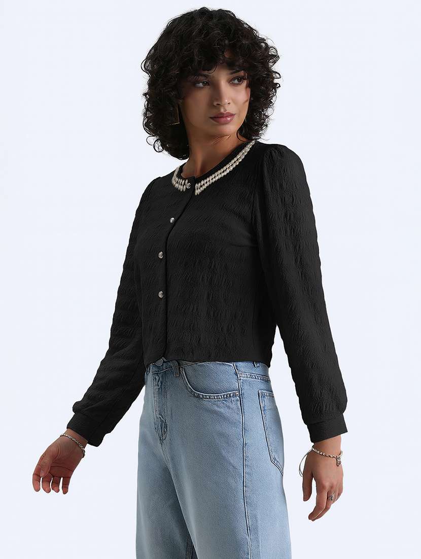 women embellished long sleeev crop top - 22086372 - Standard Image - 2