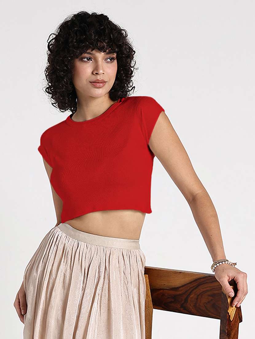 women red solid short sleeve crop top