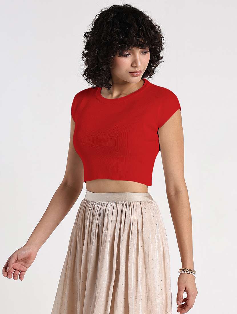 women red solid short sleeve crop top - 22086375 - Standard Image - 2
