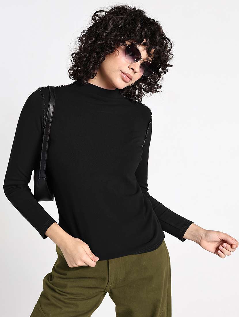 women black solid mock neck long sleeve top - 22086378 - Zoom Image - 0