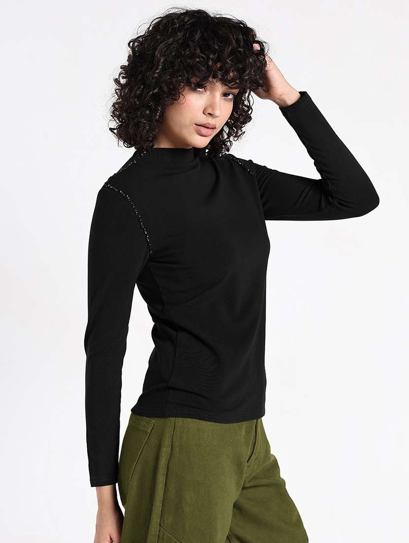 women black solid mock neck long sleeve top - 22086378 - Standard Image - 2