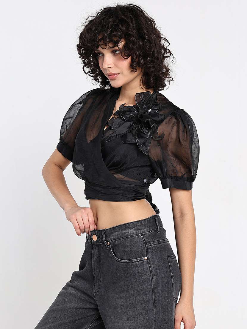 women black solid puff sleeve crop wrap top - 22086379 -  Standard Image - 2