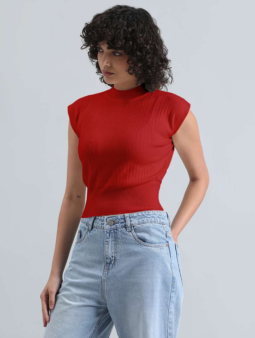 women red solid short sleeve crop top - 22086380 - Standard Image - 2