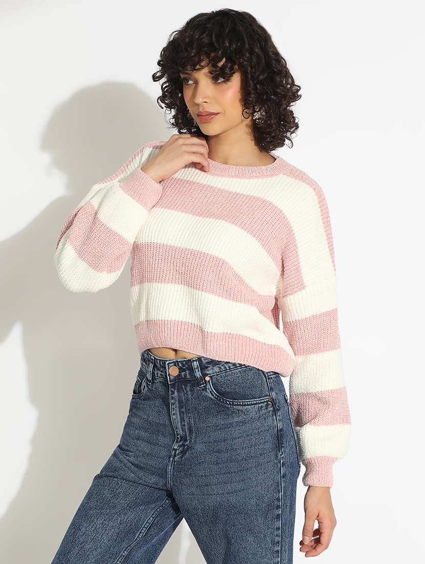women striped long sleeve crop pullover - 22086381 - Standard Image - 2