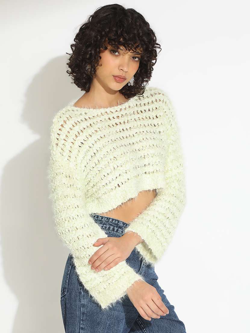 women cream solid bell sleeve crop top - 22086386 - Standard Image - 2