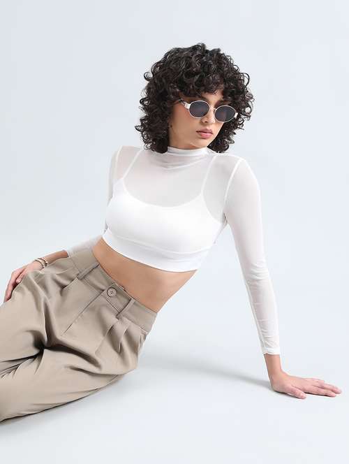 women white solid mock neck long sleeve crop top - 22086387 - Standard Image - 0