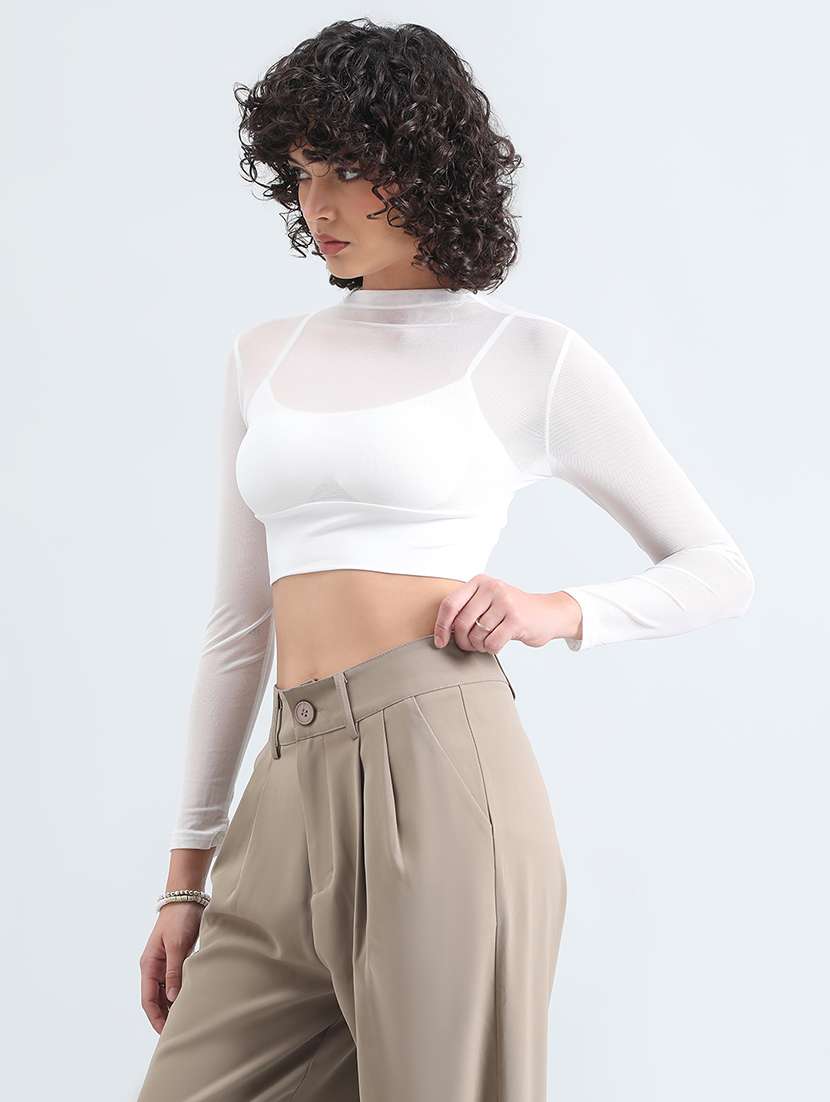 women white solid mock neck long sleeve crop top - 22086387 - Standard Image - 2