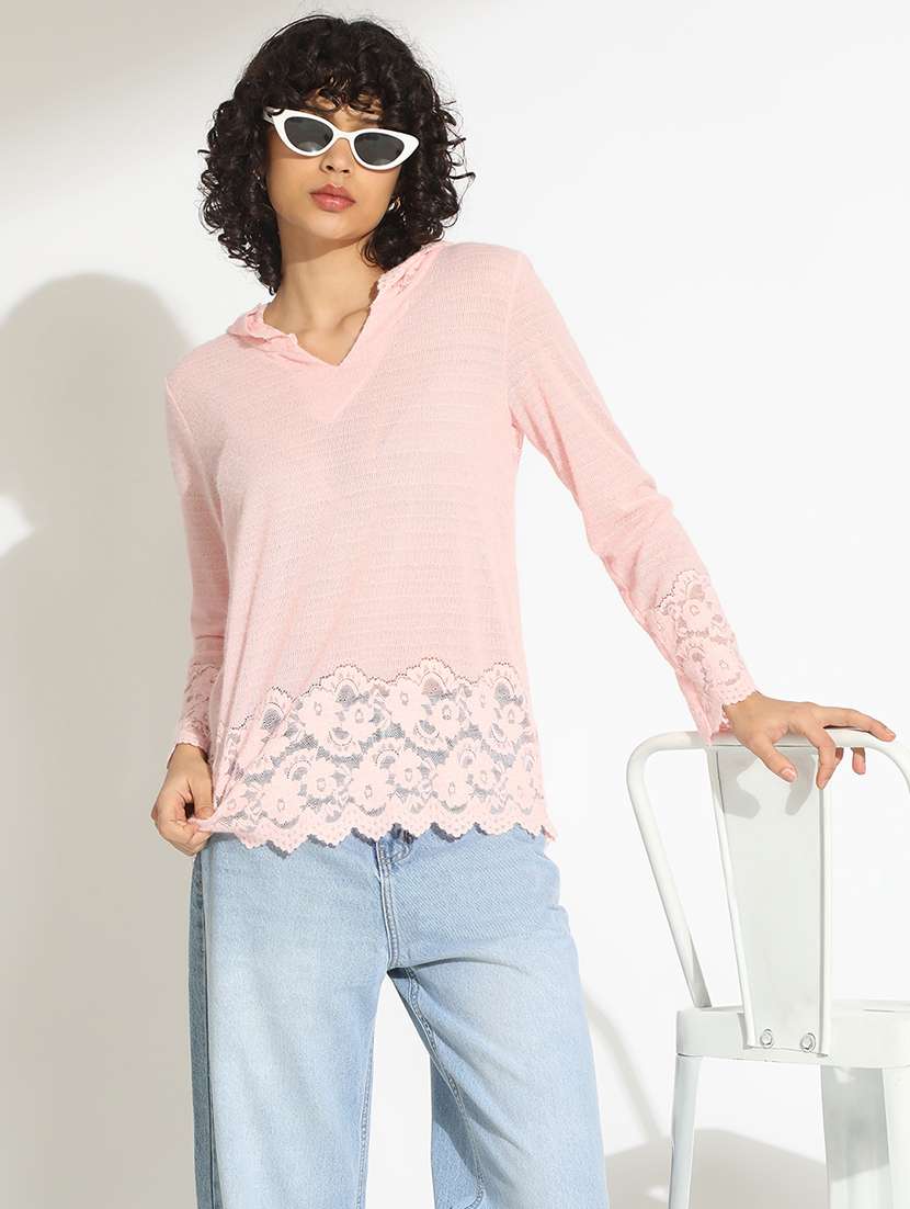 women pink solid long sleeve hooded top - 22086390 - Zoom Image - 0