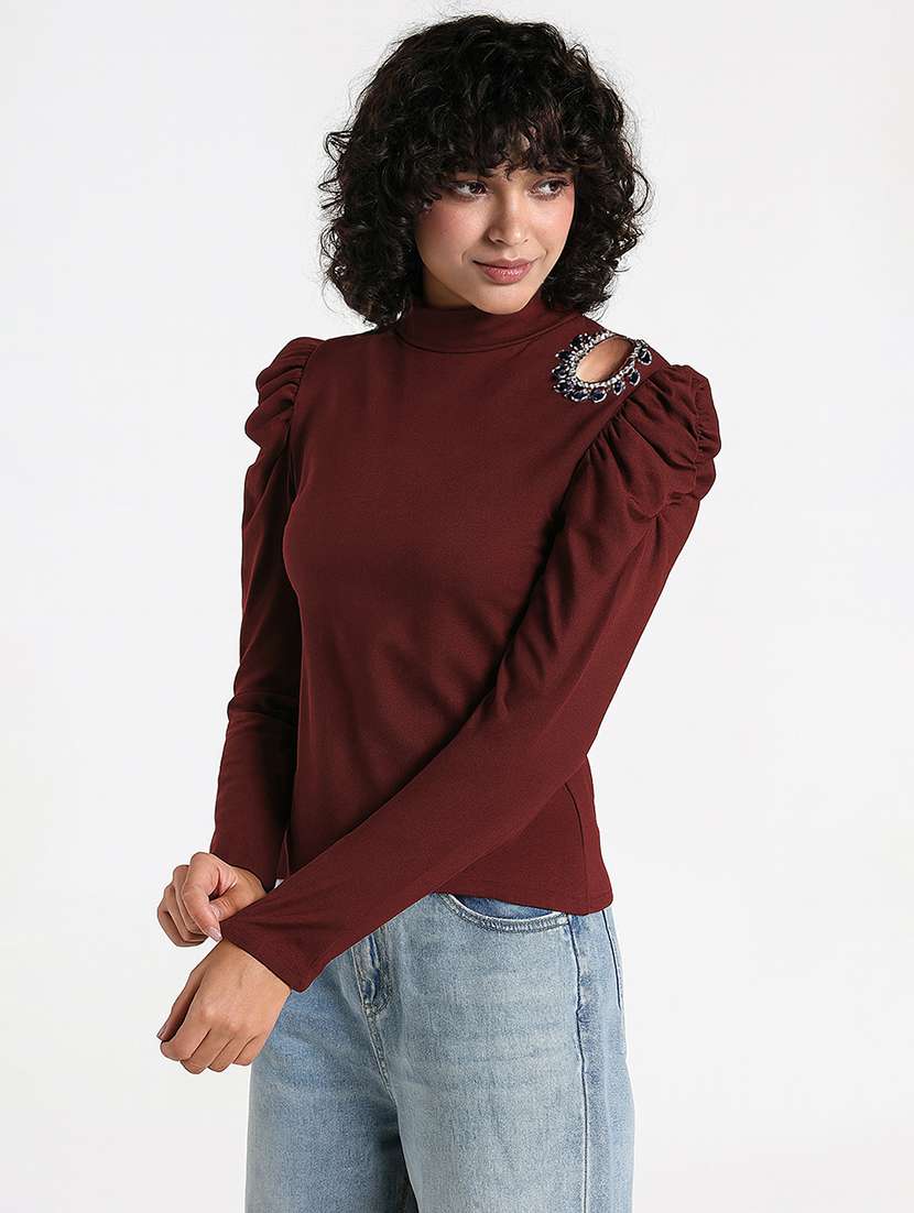 women solid mock neck puff sleeve regular top - 22086393 -  Standard Image - 2