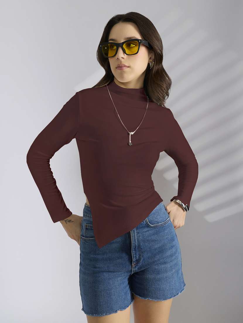 women solid mock neck long sleeve asymmetric top