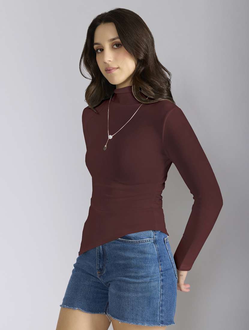 women solid mock neck long sleeve asymmetric top - 22086394 -  Standard Image - 2