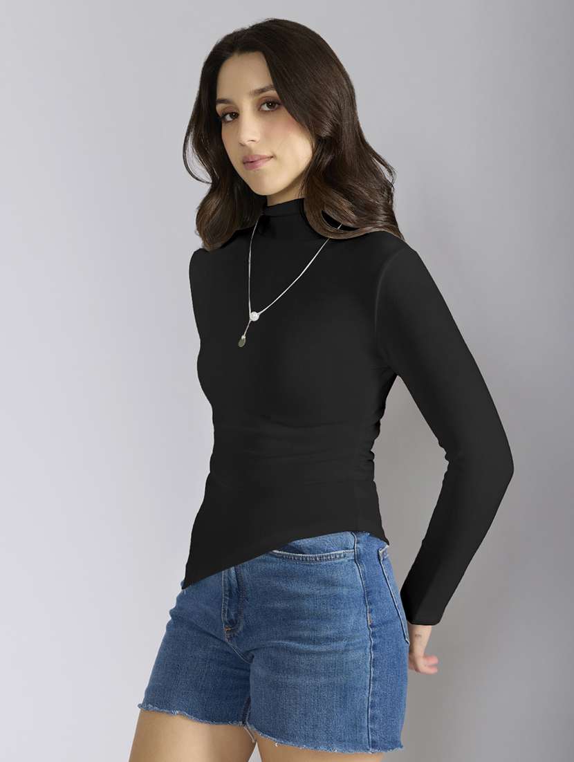 women solid mock neck long sleeve asymmetric top - 22086395 -  Standard Image - 2